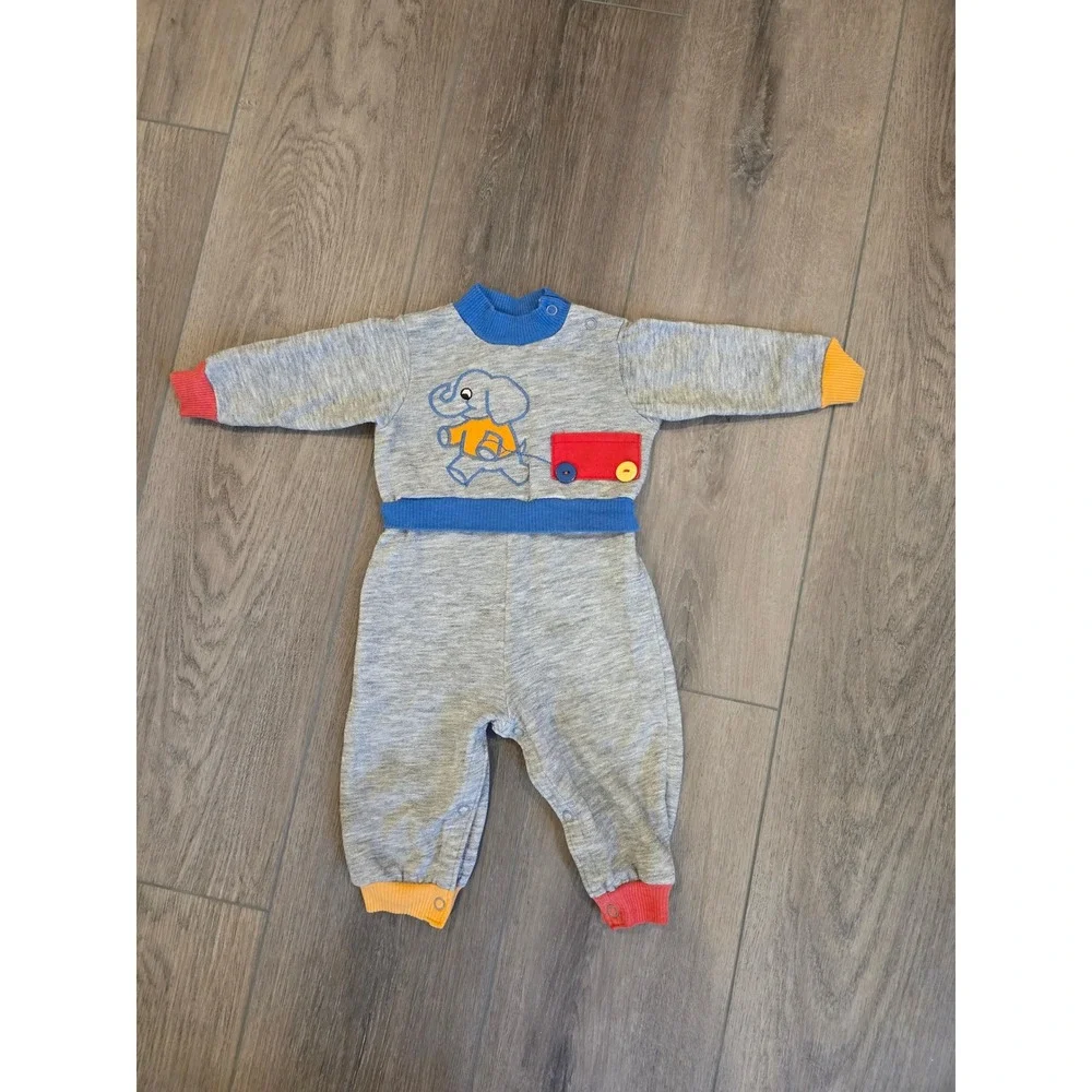 Vintage Carter's Infant 12 months Elephant Embroidered Long Sleeve Romper Jumper